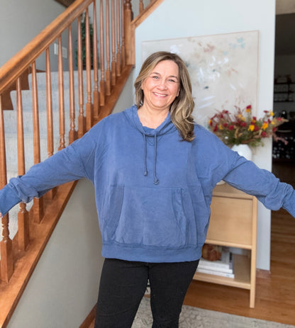 Hide and Seek Washed Cowl Neck Pullover in Blue