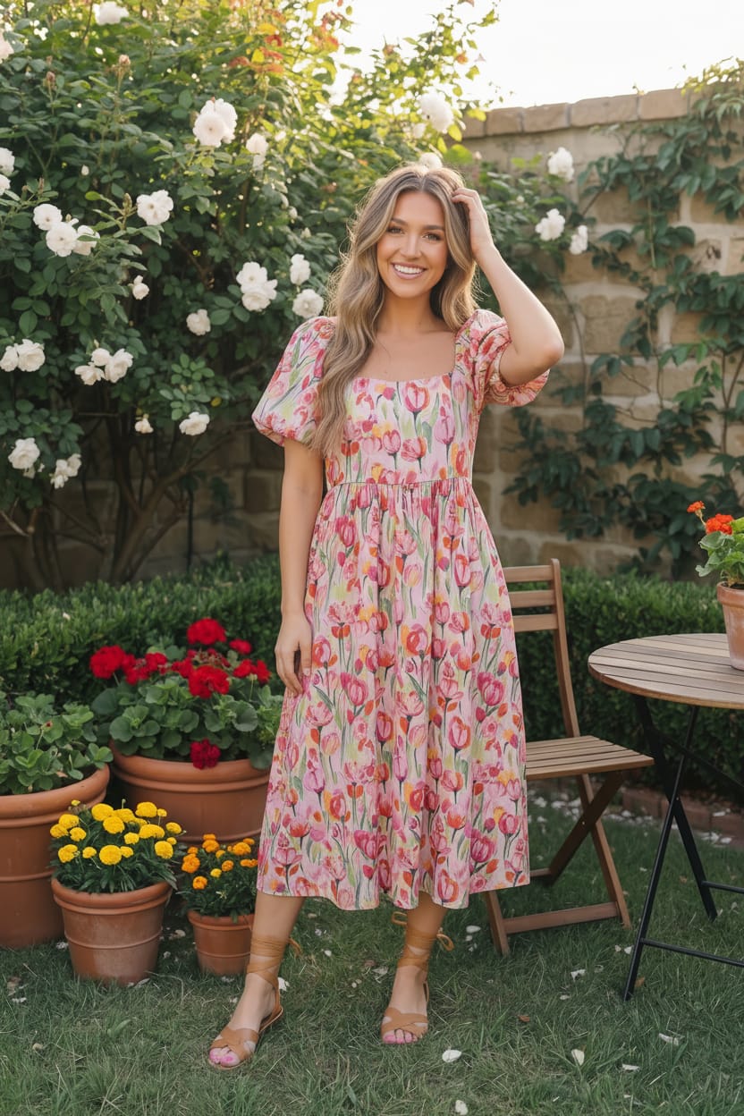 Woman in a floral dress standing in a garden with potted plants and flowers.