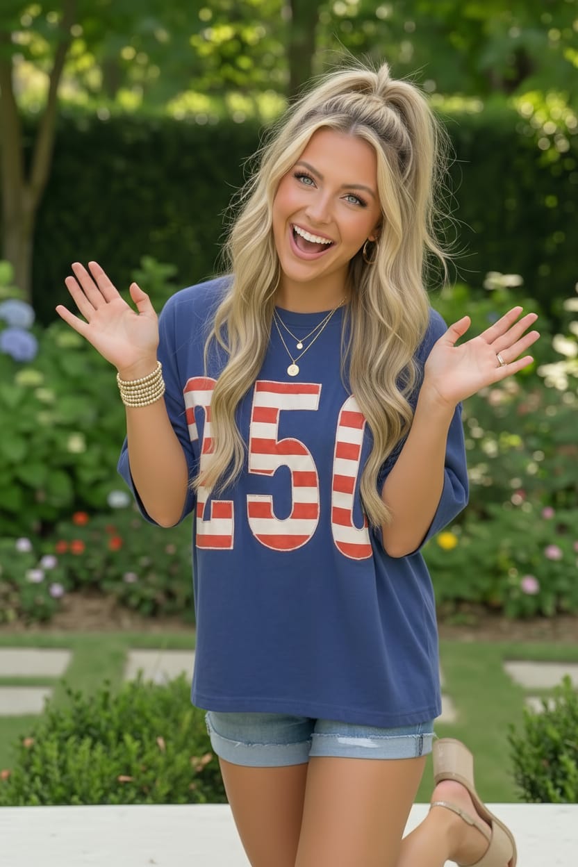Woman wearing a blue shirt with '50' printed on it, standing outdoors with greenery in the background.