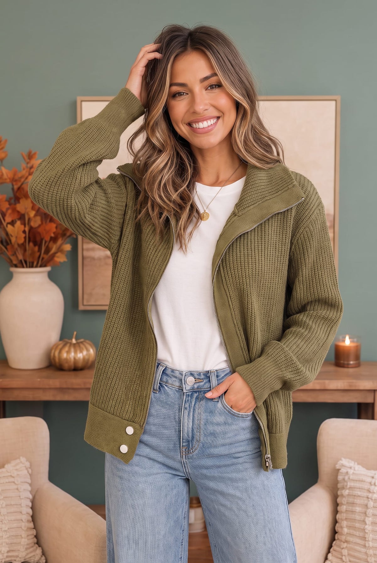 A woman wearing an olive green ribbed knit zip-up jacket over a white t-shirt and light blue jeans, standing in a cozy room with a green wall, wooden console table, and neutral chairs.