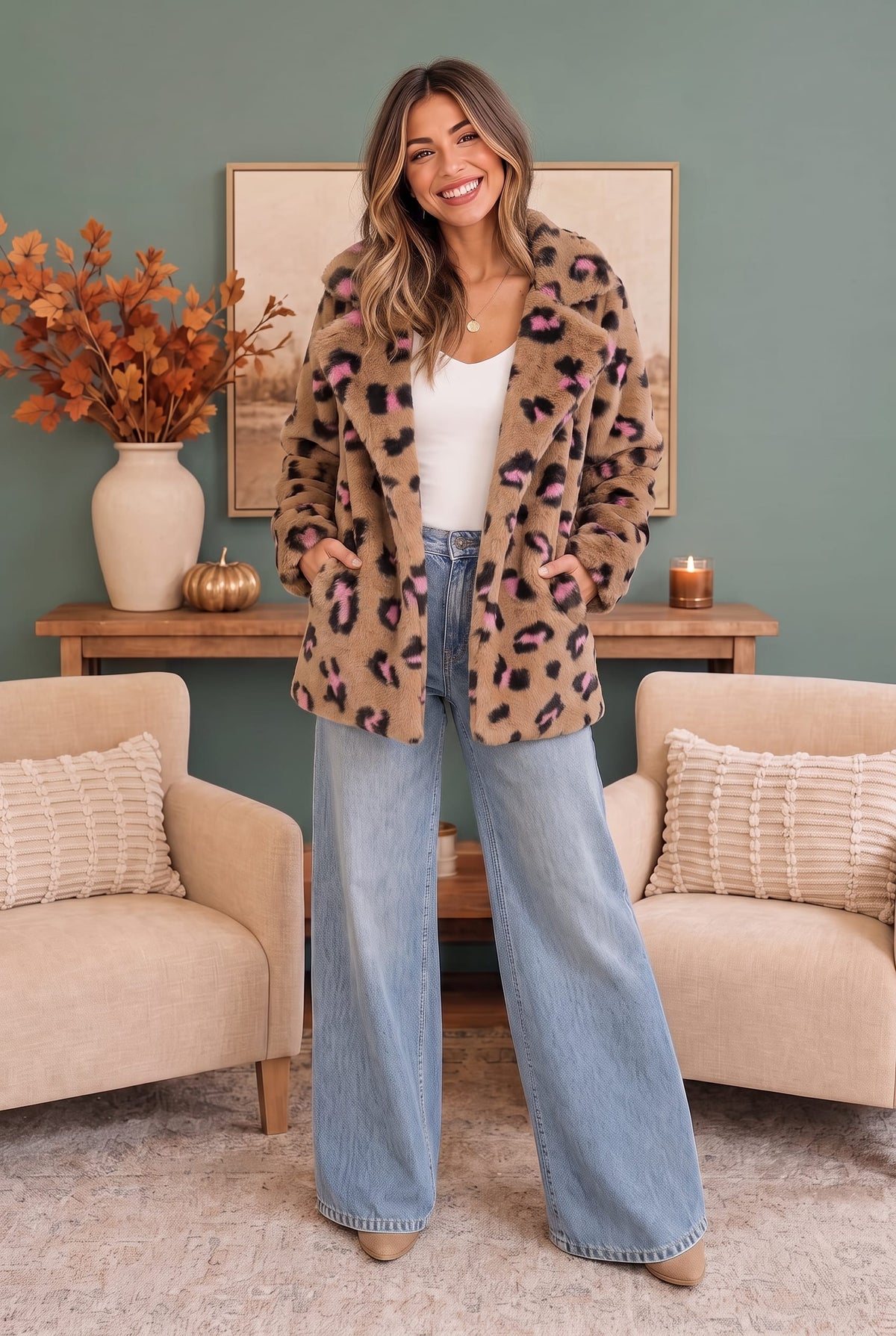 A woman stands in a living room wearing a beige leopard-print faux fur jacket over a white top and wide-leg light blue jeans.