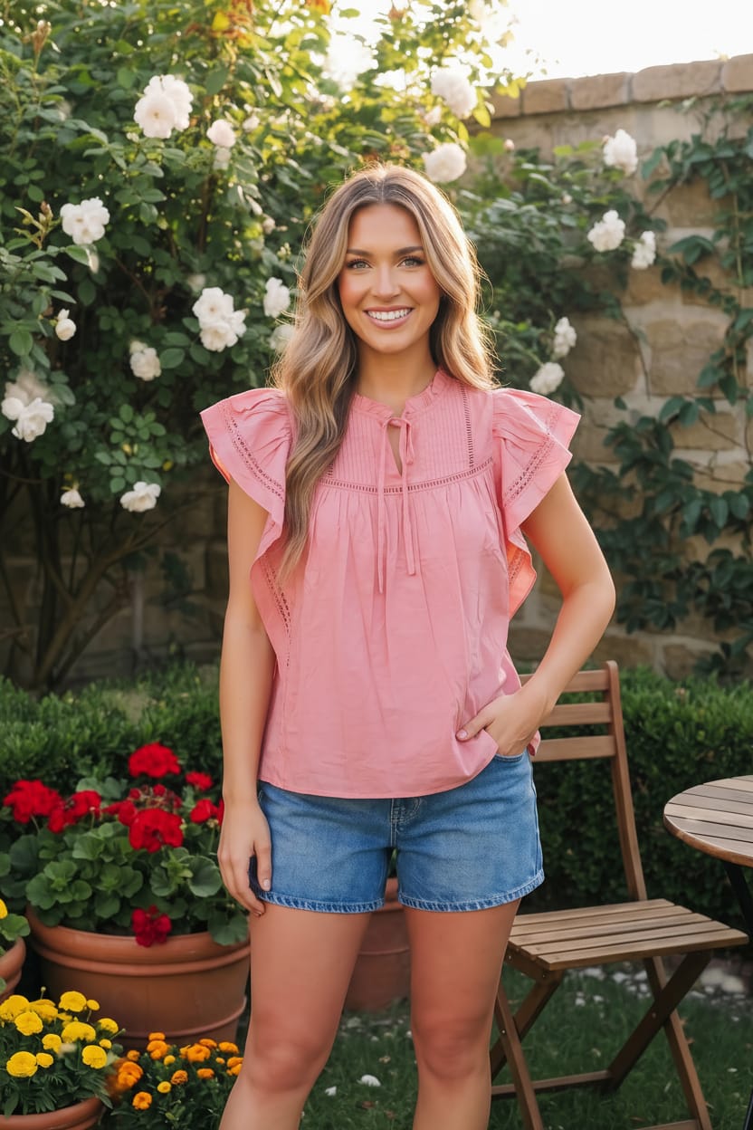 Woman wearing a pink blouse and denim shorts standing in a garden with flowers and a stone wall.