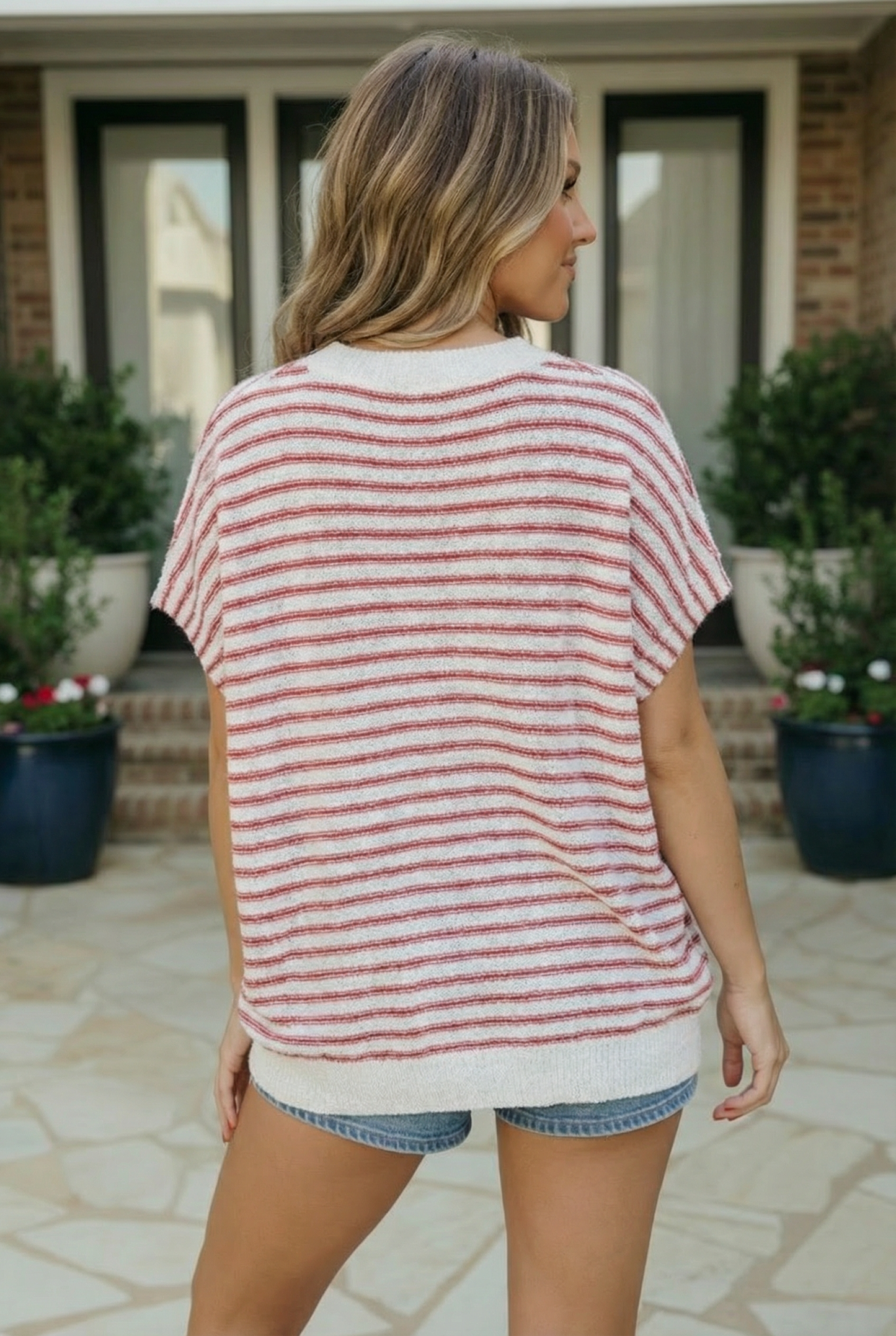 Breezy Stripe Short Sleeve Knit Top in Ivory and Red