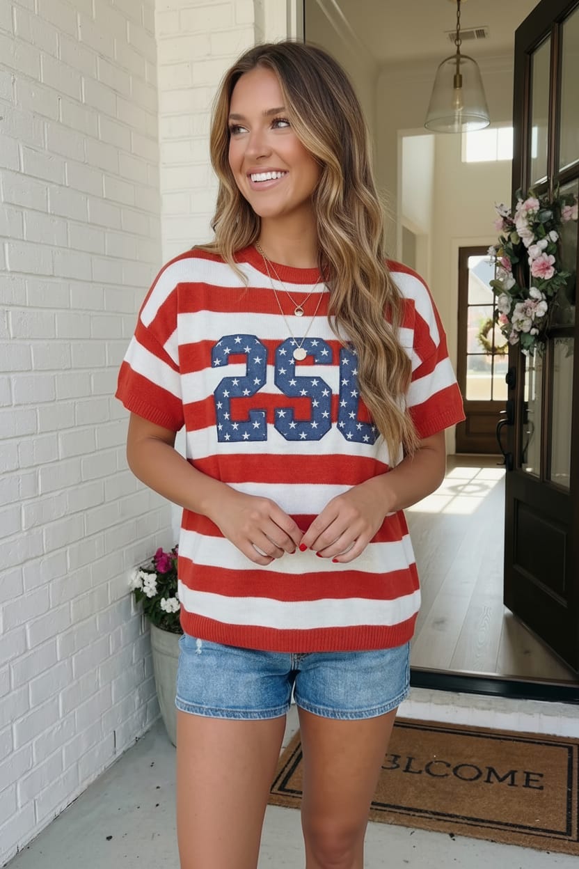 Woman wearing a red, white, and blue striped shirt with the number 250 on it, standing in a doorway.