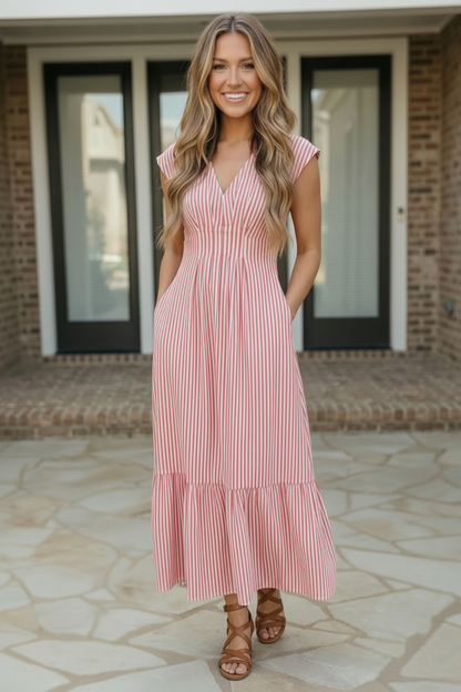 Woman wearing a red striped dress standing on a patio.