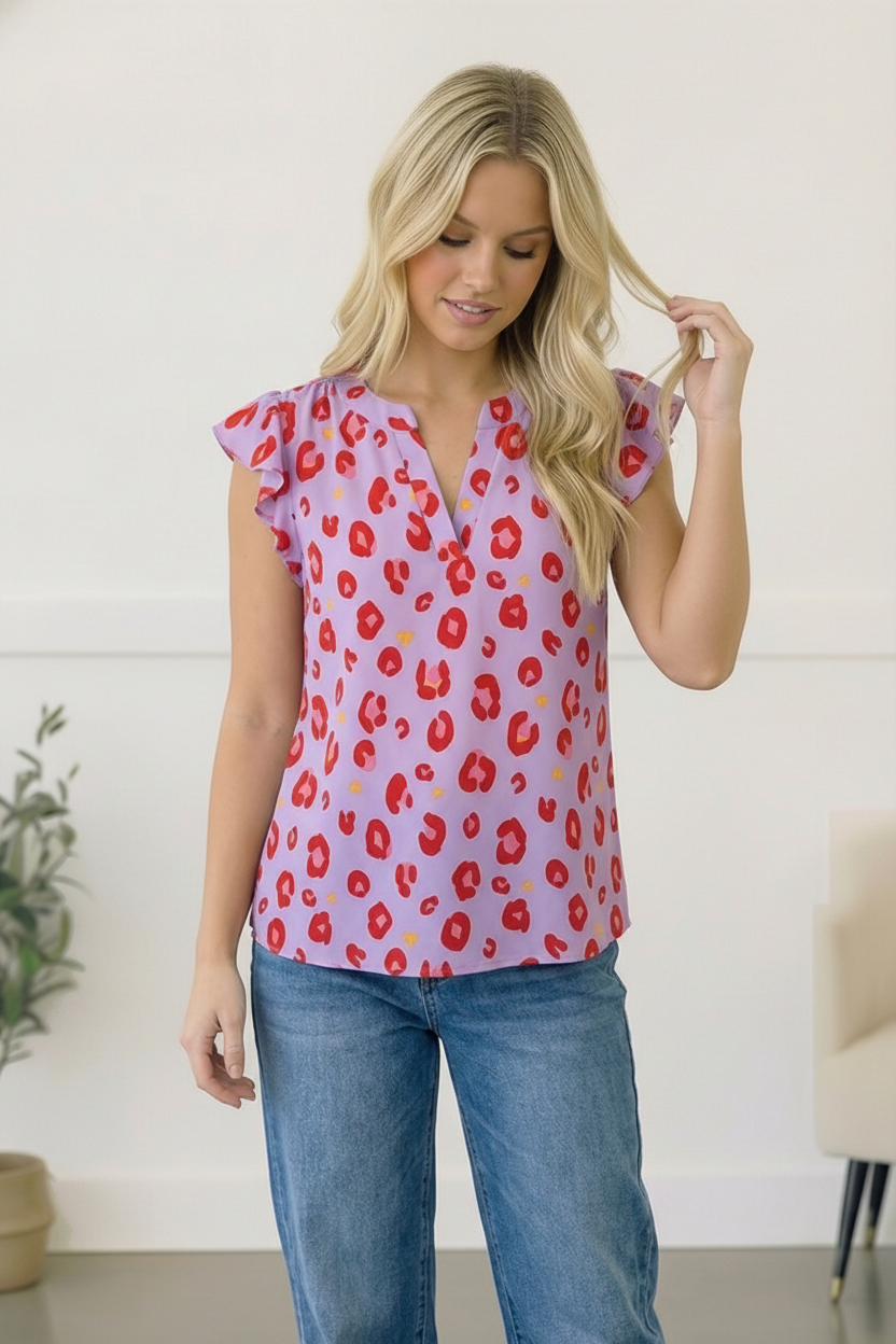 Woman wearing a pink floral top and blue jeans indoors.