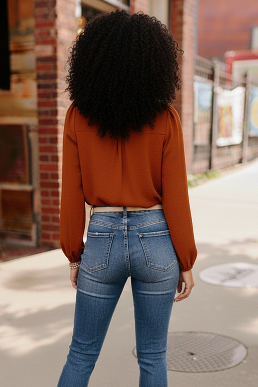 Copper Charm Pleated Long Sleeve Blouse