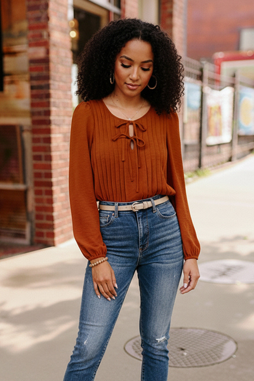 Copper Charm Pleated Long Sleeve Blouse