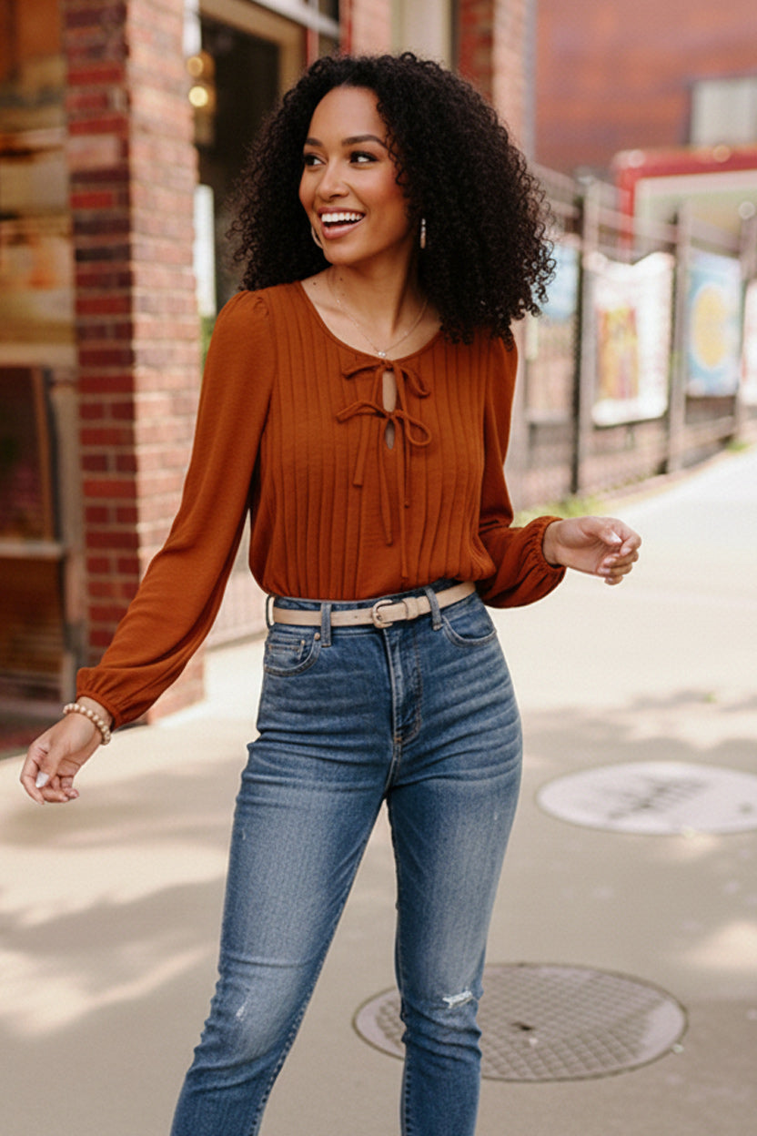 Copper Charm Pleated Long Sleeve Blouse