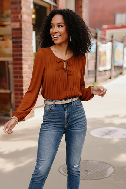 Copper Charm Pleated Long Sleeve Blouse