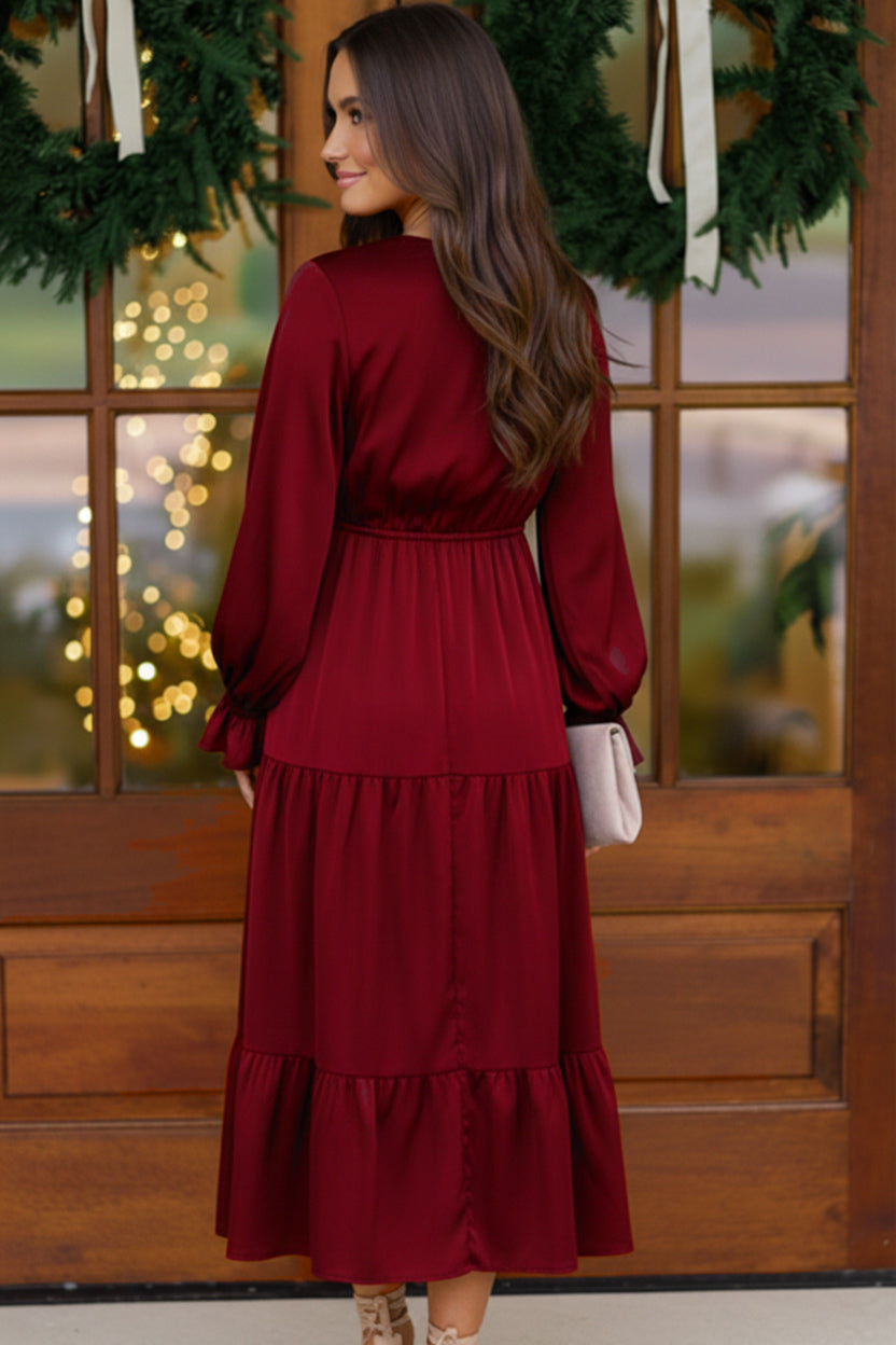 Goddess Grove Red Satin Long Sleeve Maxi Dress