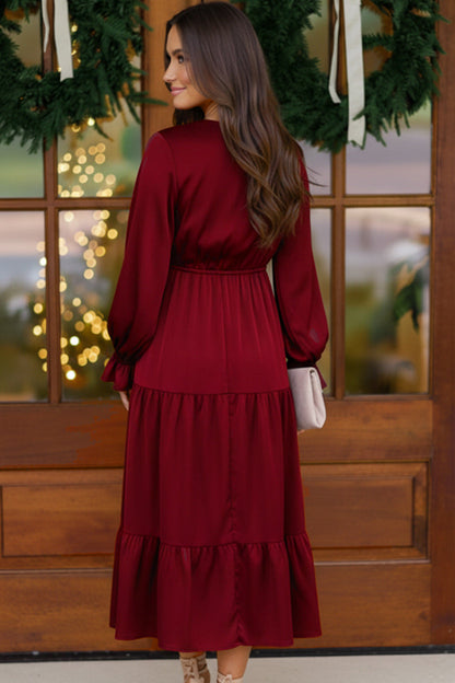 Goddess Grove Red Satin Long Sleeve Maxi Dress