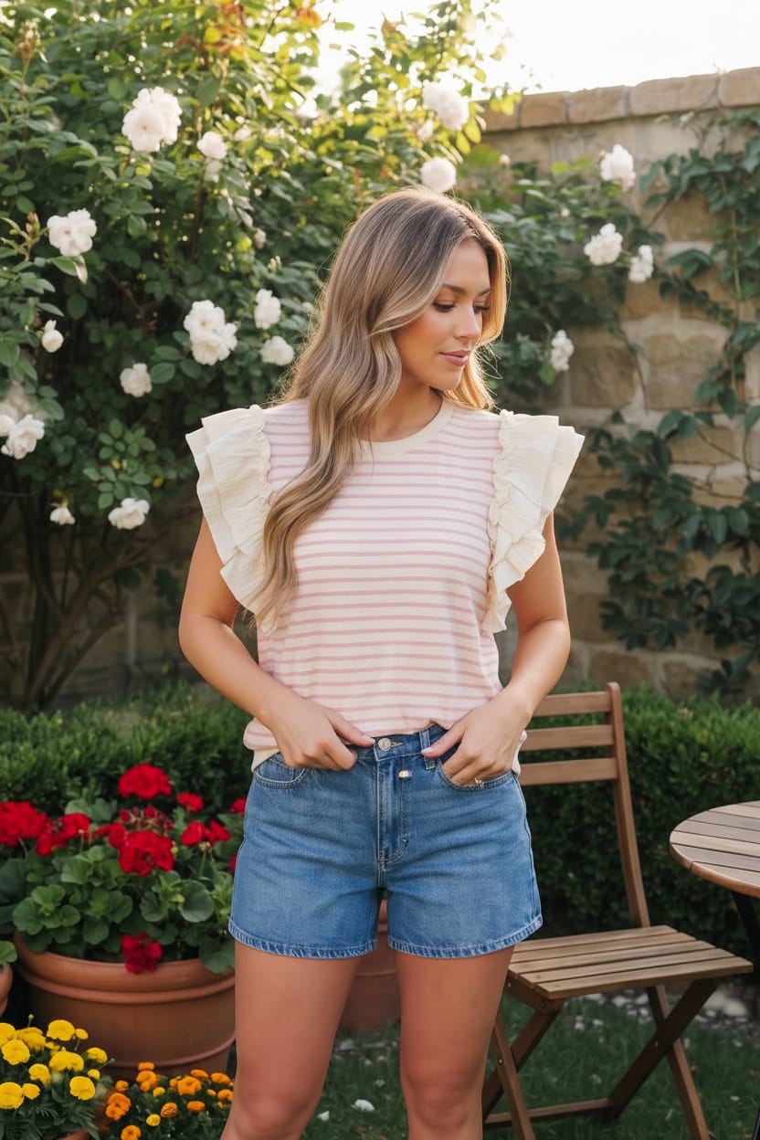 Woman wearing a striped top and denim shorts standing in a garden with flowers and a stone wall.