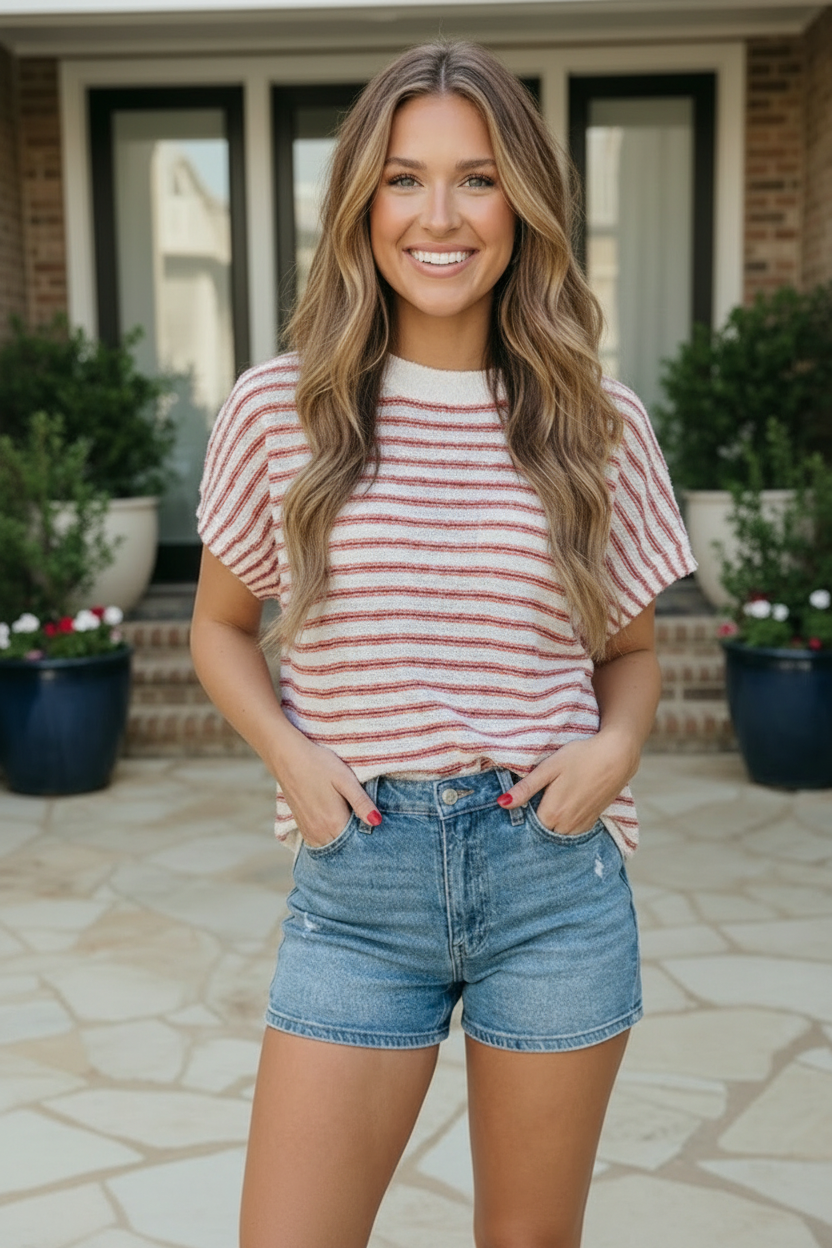 Woman wearing a striped shirt and denim shorts standing outdoors.