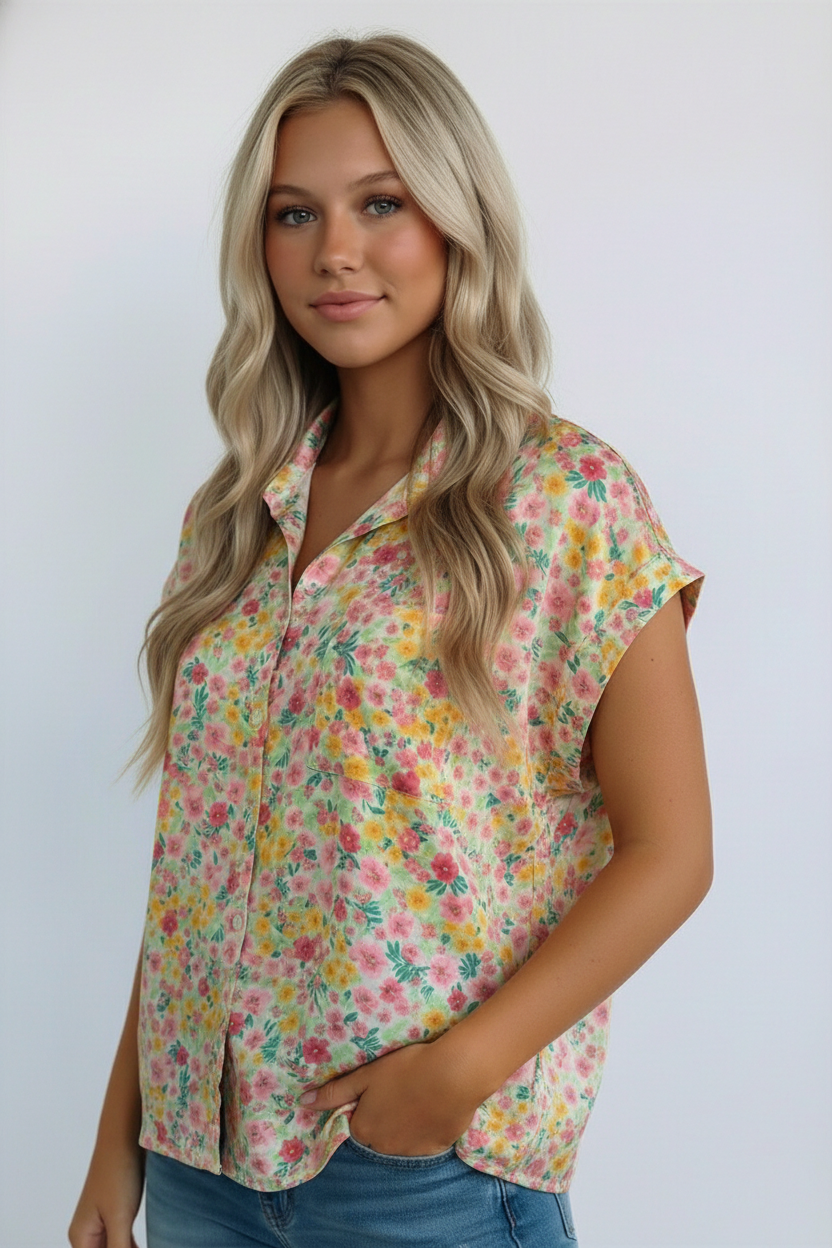 Woman wearing a floral blouse against a white background