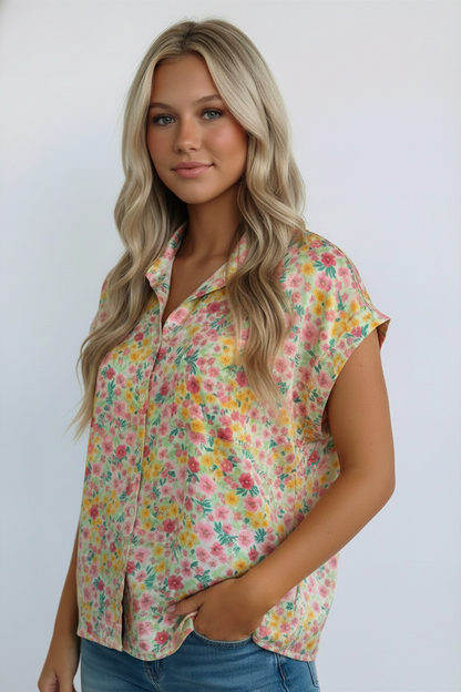 Woman wearing a floral blouse against a white background