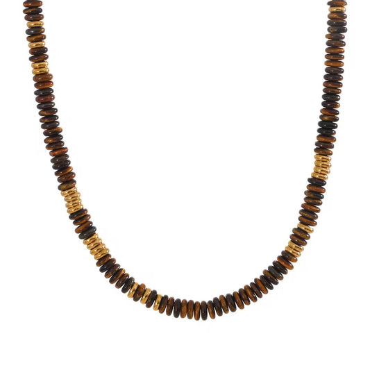 Necklace with brown and gold beads on a white background