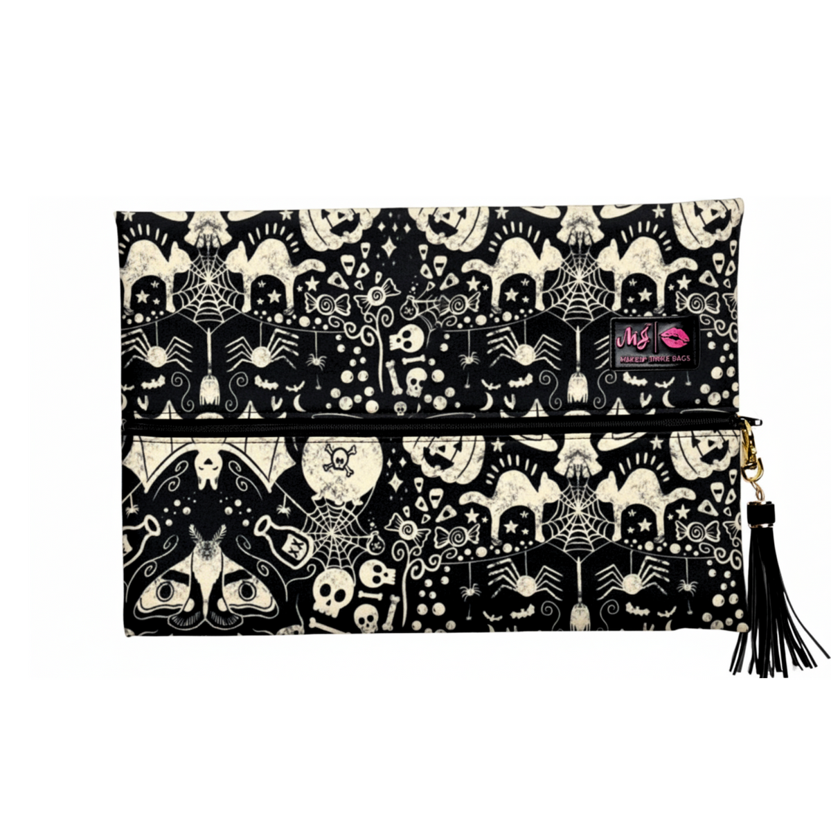 Black clutch bag with Halloween-themed design on a white background
