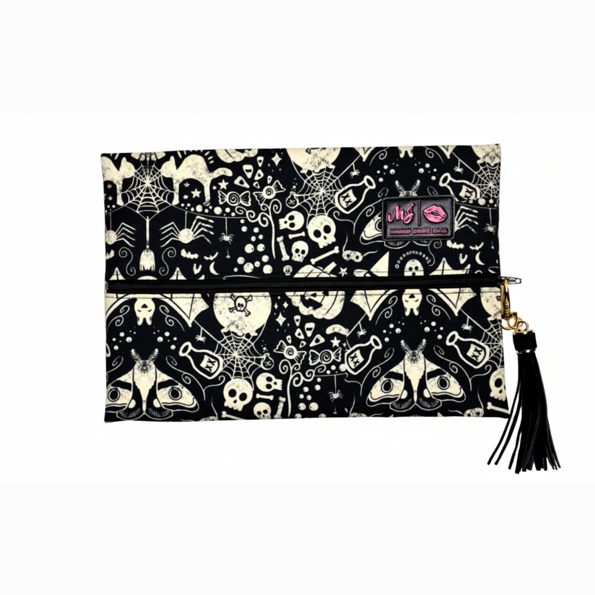 Black and white patterned pouch with a brand logo on a white background