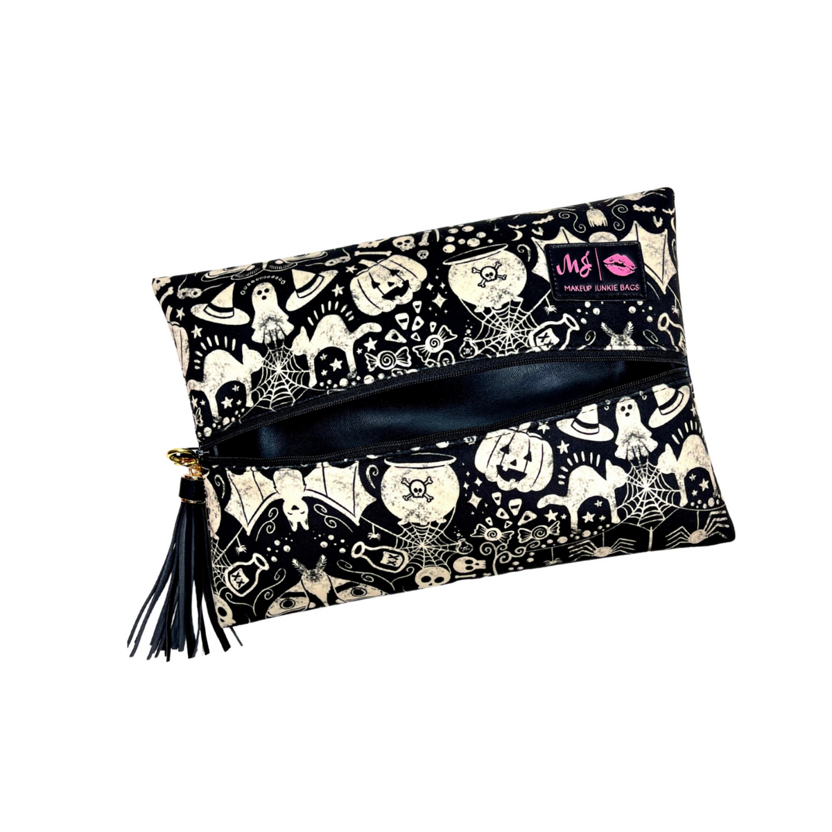 Makeup bag with Halloween-themed design on a white background