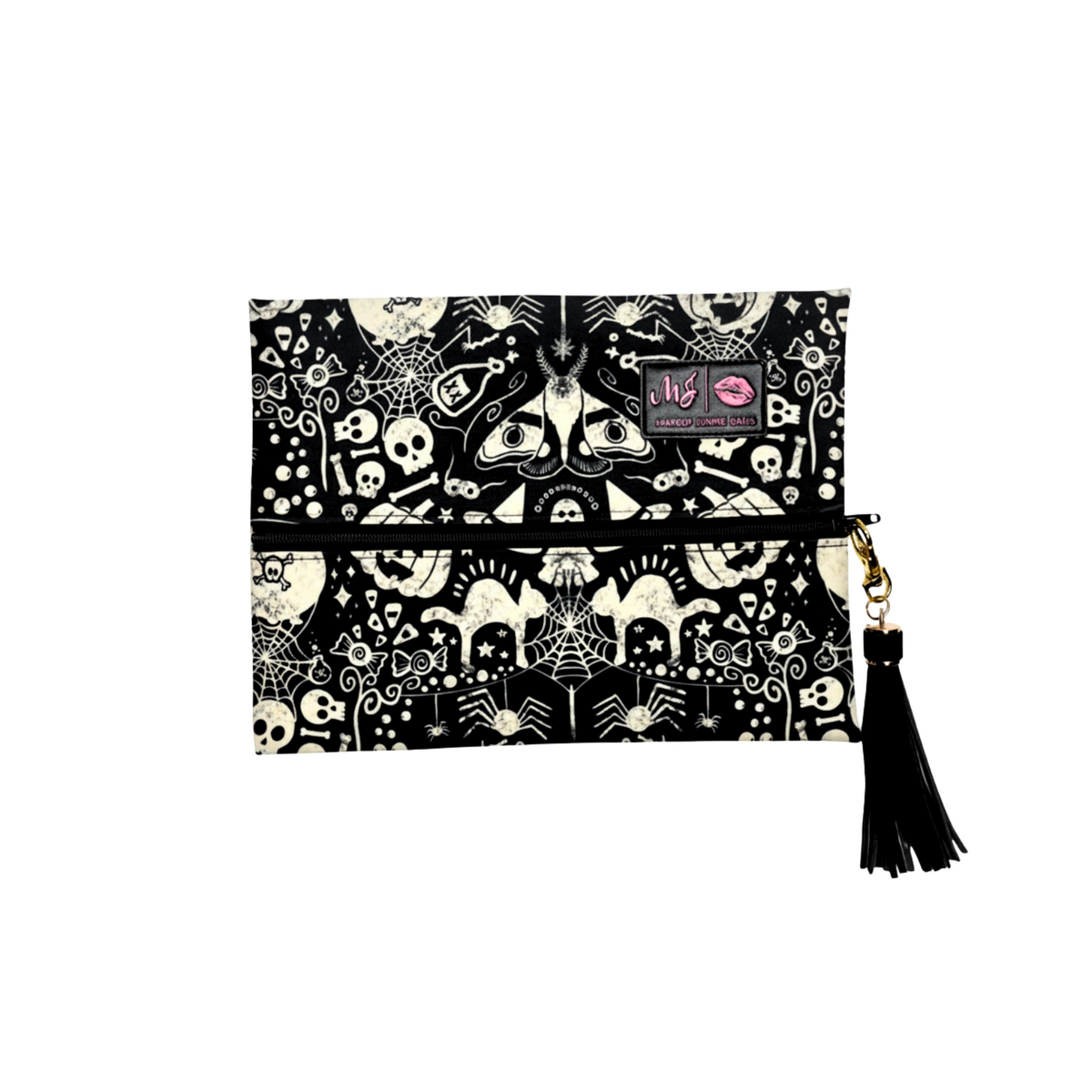 Clutch bag with Halloween-themed design featuring bats, skulls, and cobwebs on a white background.