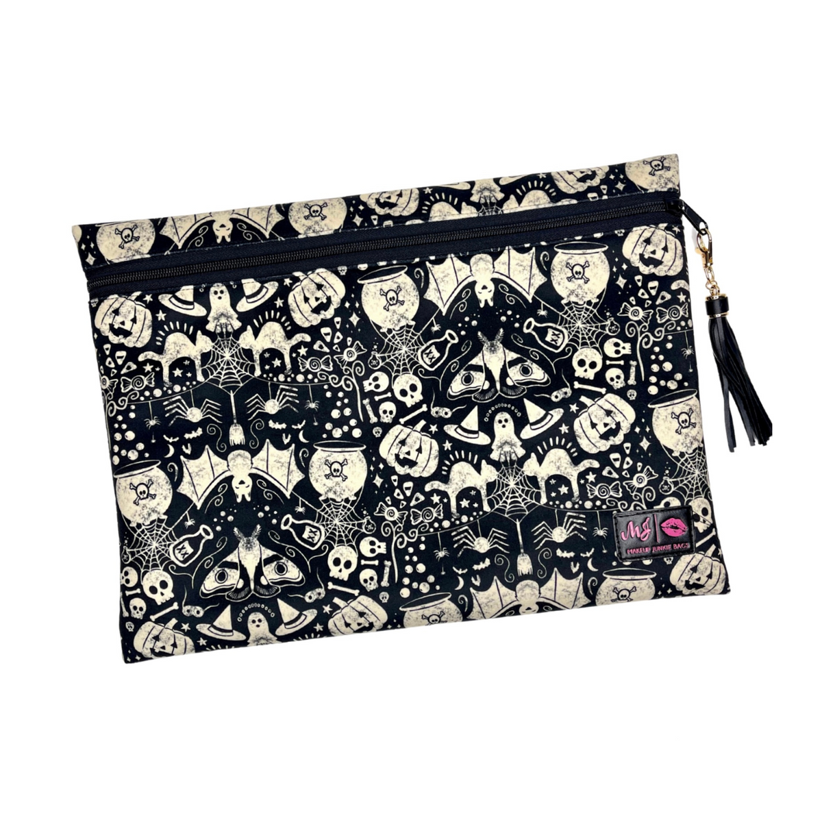 Pouch with Halloween-themed design featuring ghosts, pumpkins, and bats on a black background.
